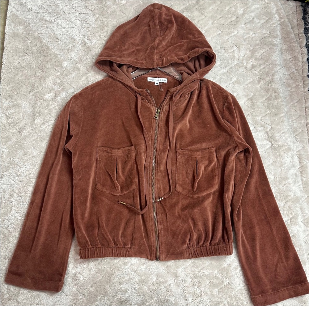 Young Fabulous & Broke Womens Brown Cropped Jacket Velour Full-Zip Hooded Medium - Picture 1 of 6